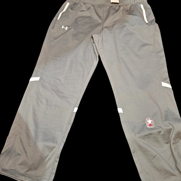 NWT Under Armour Men’s 2XL Gray Track Pants with White Stripes & Bulldog Patch - Picture 1 of 5